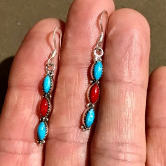 Sundance $128 NEW 1-1/2" Turquoise Coral Sterling Silver Dangle Drop Earrings - Picture 1 of 4